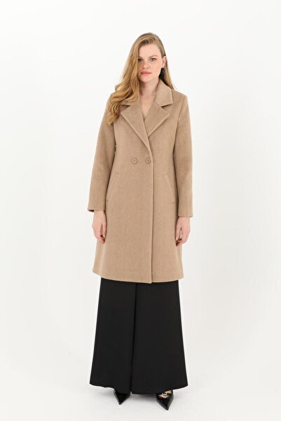 Puane Women's Lined Double Button Double Breasted Lapel Stamp Intermediate Length Coat 15171