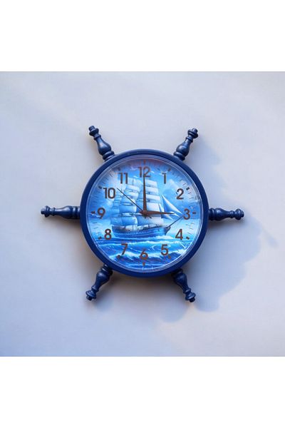 Bahat Navy Blue Wooden Sailor Helm Wall Living Room Office Clock Diameter 36 cm