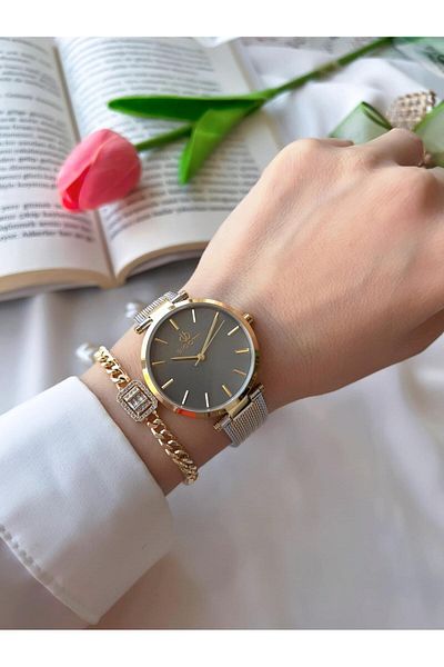 Bigotti 3 Atm Water Resistant - Blackening Color Steel Mesh Cord Women's Wrist Watch & Bracelet B10342.5
