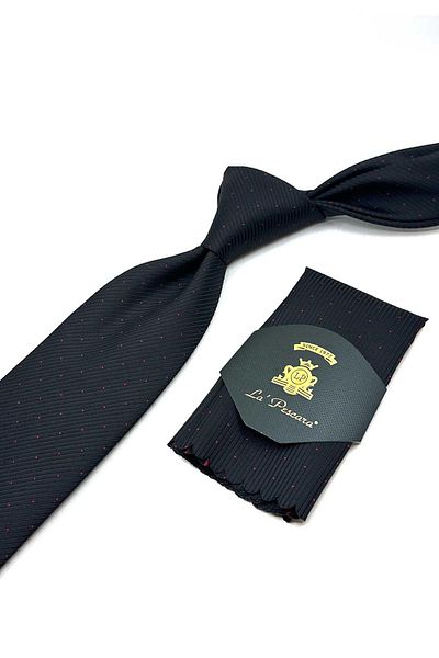 Kravatkolik Classic Tie with Black Line Pattern Handkerchief Kk13084