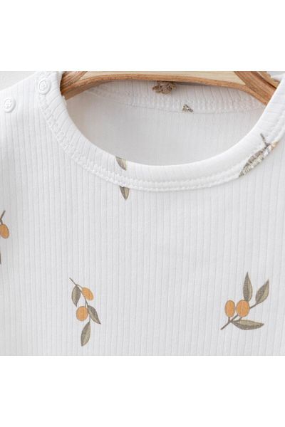 Mini Ropa Olive Printed Ribbed Baby Set - Ecru Cotton Clothes Set
