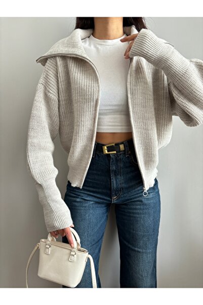 LOTUS CITY Cardigan tricotat cu fermoar și guler șal, culoare piatră