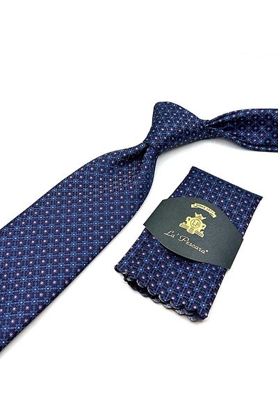 Kravatkolik Navy Blue Polka Dot Pattern Classic Tie with Handkerchief Kk12960