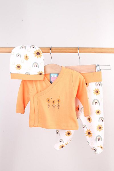 Mini Ropa Floral Printed Bodysuit Set Orange Girl Newborn Set