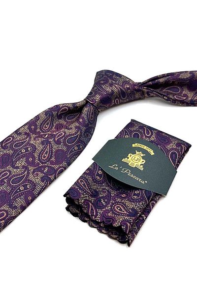 Kravatkolik Plum - Beige Shawl Pattern Classic Tie with Handkerchief Kk12875