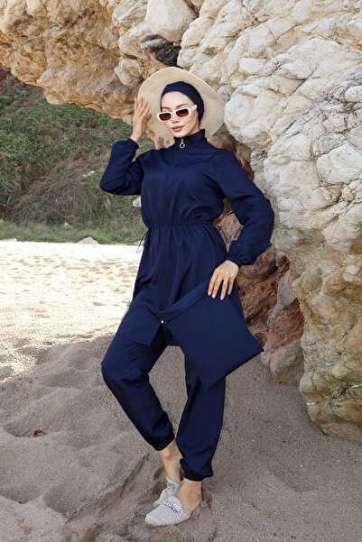 new ats Beli Ayarlanabilir Lastikli Tesettür Mayo 4lü Takım Lacivert
