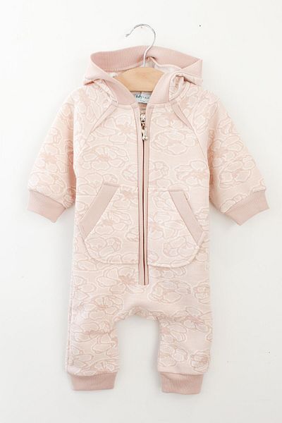 Mini Ropa Self Patterned Beige Baby Girl Romper with Hooded Pockets