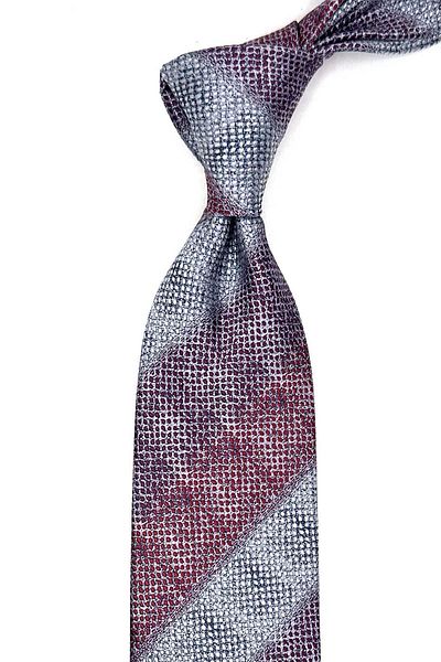 Kravatkolik Claret Red - Gray Line Pattern Classic Tie with Handkerchief Kk13071