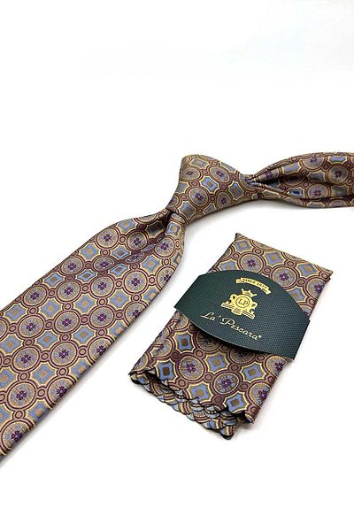 Kravatkolik Classic Tie with Beige Motif Pattern Handkerchief Kk12953