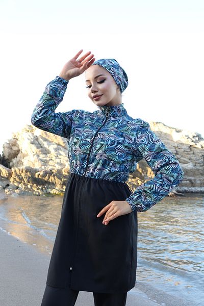 new ats Green Black 3-Piece Hijab Swimsuit - Palm Pattern and Adjustable Waist Elastic