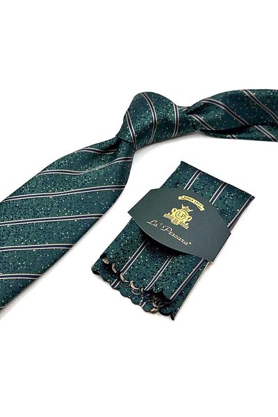 Kravatkolik Classic Tie with Green Line Pattern Handkerchief Kk12916