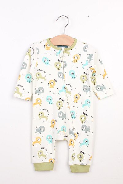 Mini Ropa Lion Patterned Green Zippered Baby Romper Without Booties