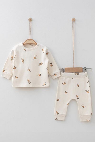 Mini Ropa Ribbed Olive Printed Cotton Baby Set - Cream Color