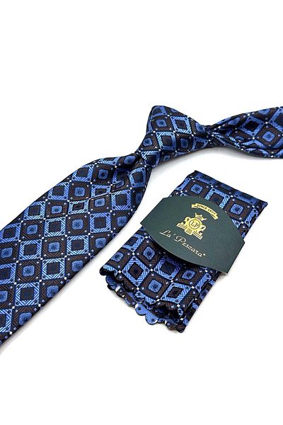Kravatkolik Blue - Brown Square Pattern Classic Tie with Handkerchief Kk12868