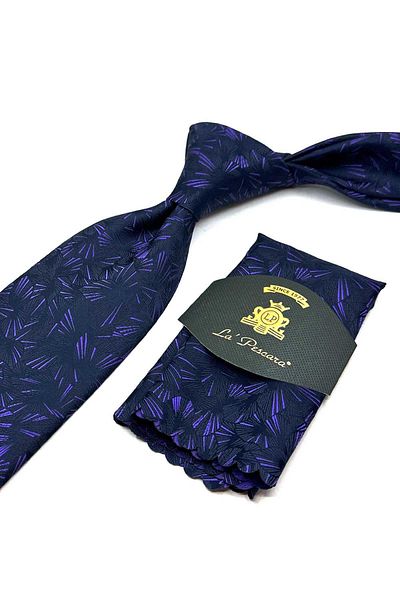Kravatkolik Classic Tie with Navy Blue Motif Pattern Handkerchief Kk12921
