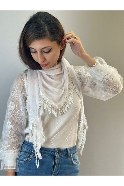 Gönülden Tasarım Women's Scarf Shals with Strick Tassel 150X50 cm White