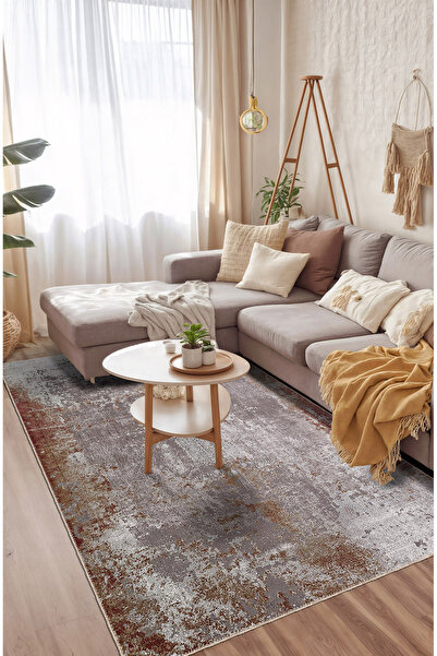 BigArts Home Bordo Gri Eskitme Modern Kaymaz Taban Halı Yolluk Yuvarlak Desen...