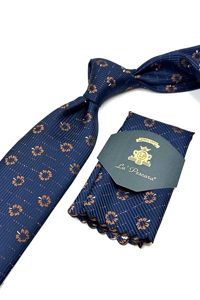 Kravatkolik Navy Blue Floral Pattern Classic Tie with Handkerchief Kk13022