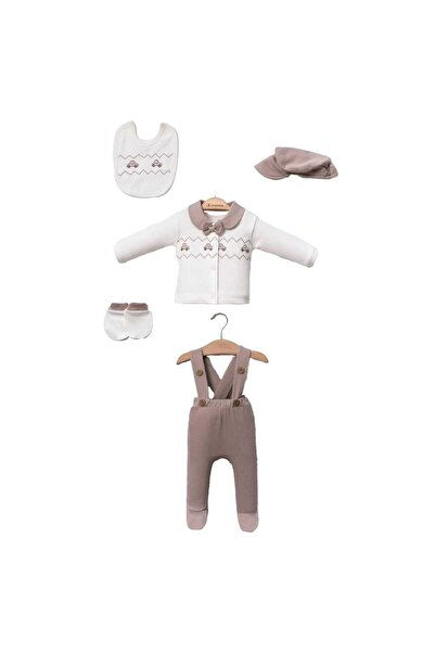 bebegen Baby Boy White Beige Car Patterned Baby Collared 5-Piece Hospital Dis...