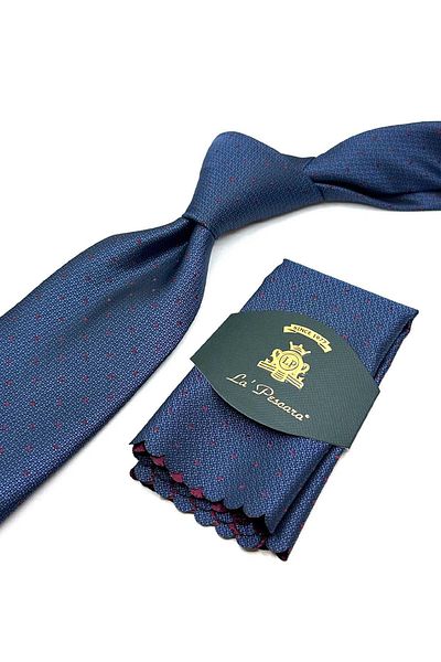 Kravatkolik Navy Blue Polka Dot Pattern Classic Tie with Handkerchief Kk12895