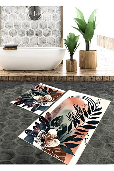 Ardizayn Leaf - Non-Slip, Cotton Woven Base (60X100 - 50X60Cm) 2-Piece Bathroom Rug