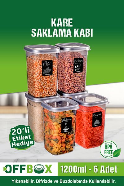 OFFBOX 6-Piece 12-Piece 1.2 Liter Square Food Storage Box Set with 20 Labels Spice Rack