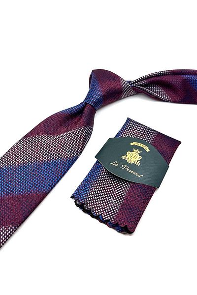 Kravatkolik Claret Red - Classic Tie with Blue Line Pattern Handkerchief Kk13068
