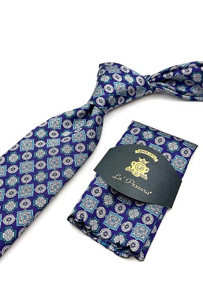 Kravatkolik Classic Tie with Purple Motif Pattern Handkerchief Kk12970