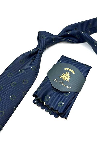 Kravatkolik Navy Blue Floral Pattern Classic Tie with Handkerchief Kk13024