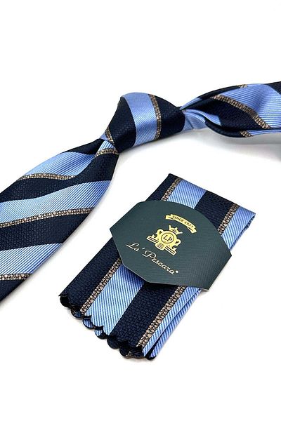 Kravatkolik Blue - Navy Blue Line Pattern Classic Tie with Handkerchief Kk13109