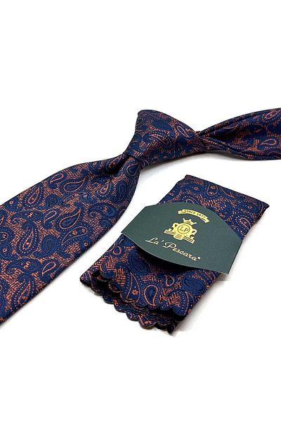 Kravatkolik Orange - Navy Blue Shawl Pattern Classic Tie with Handkerchief Kk12872