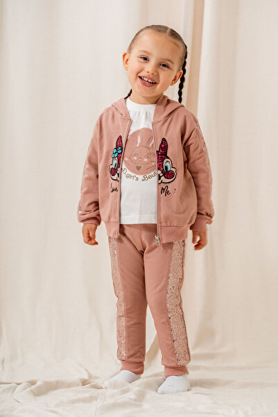 ZİMBOO Kiz Çocuk  Pullu Tavşan Nakişli %100 Pamuk Penye 2 I?pli?k 3 Lü Takim