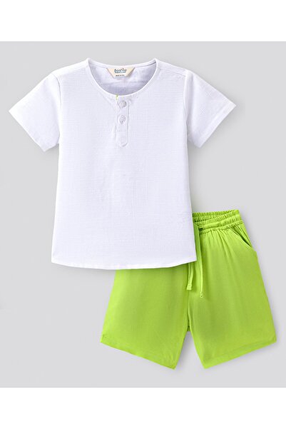 Bonfino طقم تي شيرت وشورت بأكمام نصفية من القطن المنسوج - أخضر نيون وأبيض