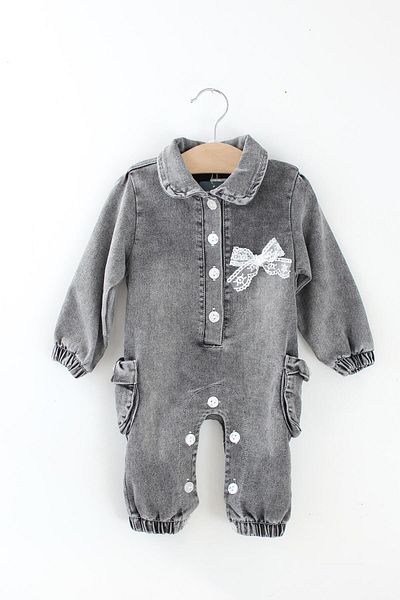 Mini Ropa Gray Denim Baby Romper with Bow and Buttons