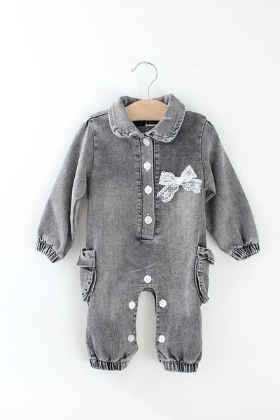 Mini Ropa Gray Denim Baby Romper with Bow and Buttons