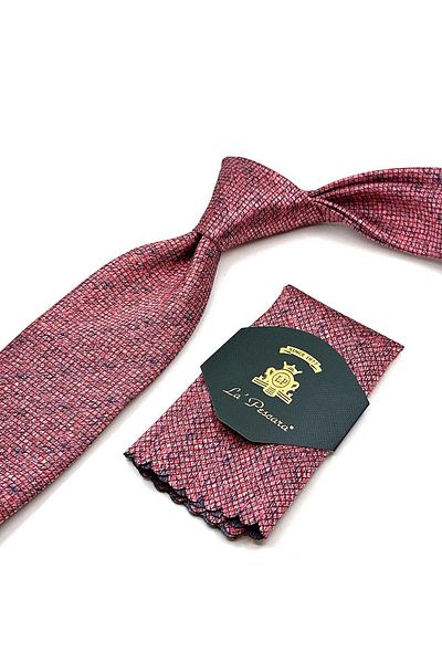 Kravatkolik Classic Tie with Red Square Pattern Handkerchief Kk13064