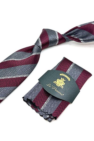 Kravatkolik Gray - Claret Red Line Pattern Classic Tie with Handkerchief Kk13108