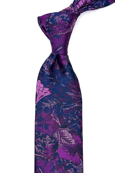 Kravatkolik Navy Blue - Purple Leaf Pattern Classic Tie with Handkerchief Kk13046