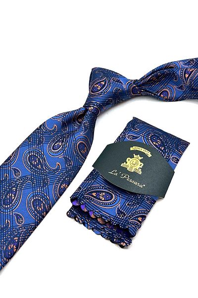 Kravatkolik Classic Tie with Blue Shawl Pattern Handkerchief Kk13012