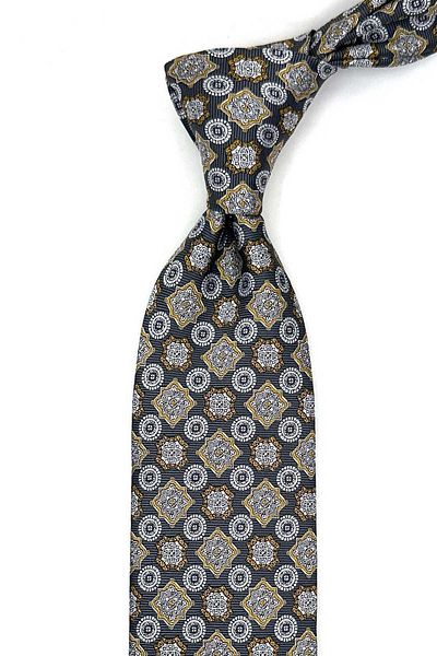 Kravatkolik Classic Tie with Gray Motif Pattern Handkerchief Kk12971