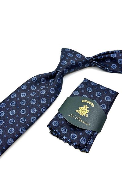 Kravatkolik Navy Blue - Brown Motif Pattern Classic Tie with Handkerchief Kk12904