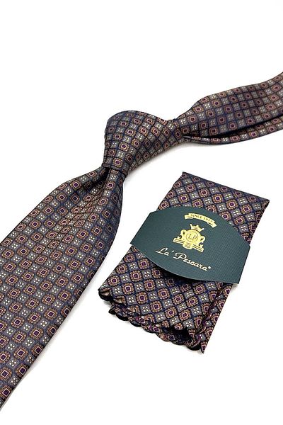 Kravatkolik Beige - Gray Small Pattern Handkerchief Classic Tie Kk13026
