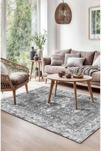 BigArts Home Gri Geleneksel Göbekli Vintage Desenli Gri Salon Kilim, Dokuma T...