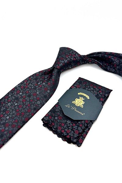 Kravatkolik Classic Tie with Smoked Flower Pattern Handkerchief Kk12976