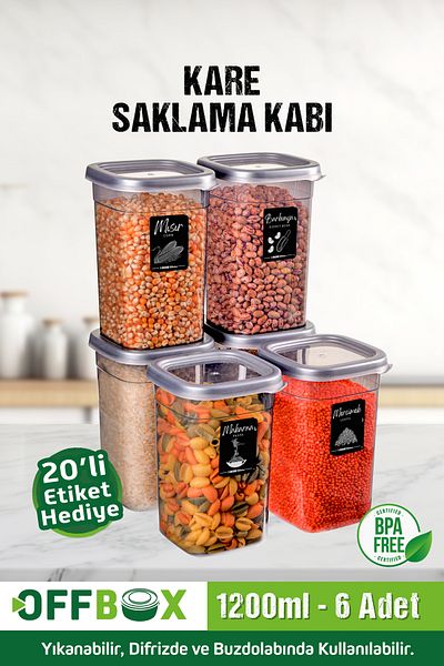OFFBOX 6-Piece 12-Piece 1.2 Liter Square Food Storage Box Set with 20 Labels Spice Rack
