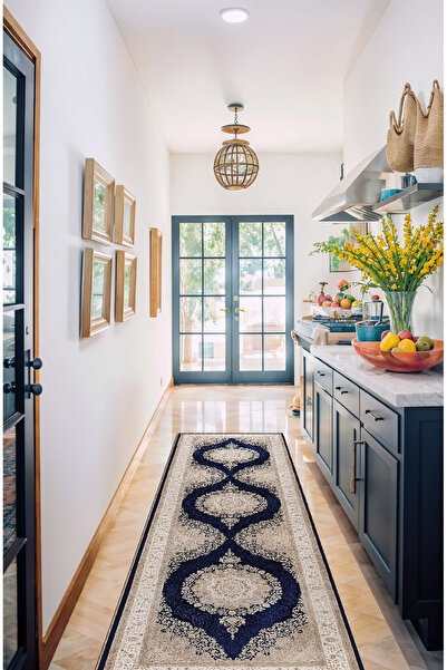 BigArts Home Lacivert Kahverengi Bej Krem Klasik Desenli Otantik Yuvarlak Sal...