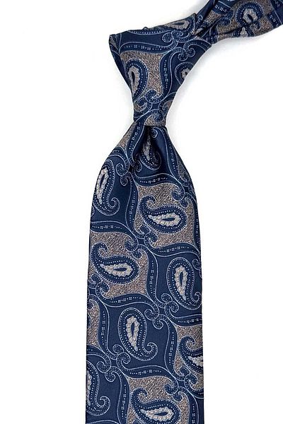 Kravatkolik Beige - Navy Blue Shawl Pattern Classic Tie with Handkerchief Kk12889