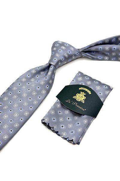 Kravatkolik Classic Tie with Gray Motif Pattern Handkerchief Kk13093