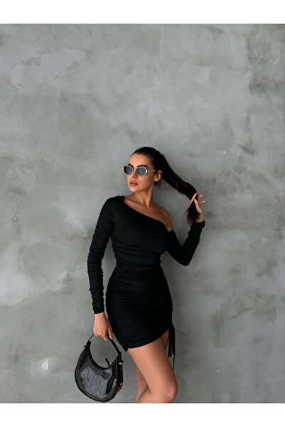 Butik Modern Tek Kol Büzgülü Elbise