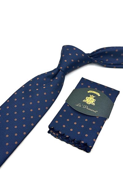 Kravatkolik Navy Blue Polka Dot Pattern Classic Tie with Handkerchief Kk13000